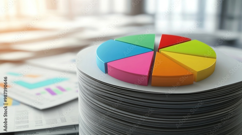 A colorful 3D pie chart emerging from a stack of documents, representing insights derived from thorough research and analysis, capturing the essence of business strategy A colorful 3D pie chart emerging from a stack of documents, representing insights derived from thorough research and analysis, capturing the essence of business strategy