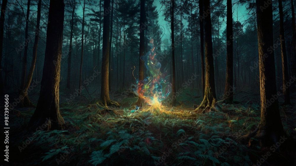 Fototapeta premium Magical forest with a bonfire at night