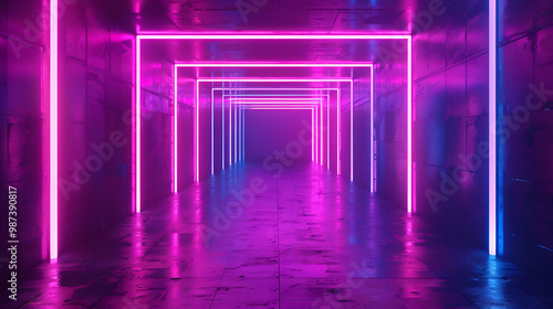 Dark corridor illuminated by glowing neon lights