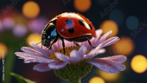 Ladybug on a glowing digital flower with vibrant lights.