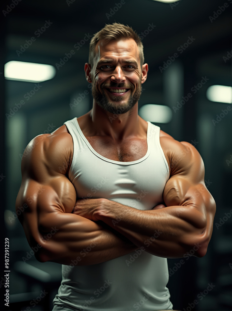 Fototapeta premium A Stunning Display of Strength and Detail: Muscular Man Posing Confidently in a Gym, showcasing a detailed physique in a white tank top with a blurred background