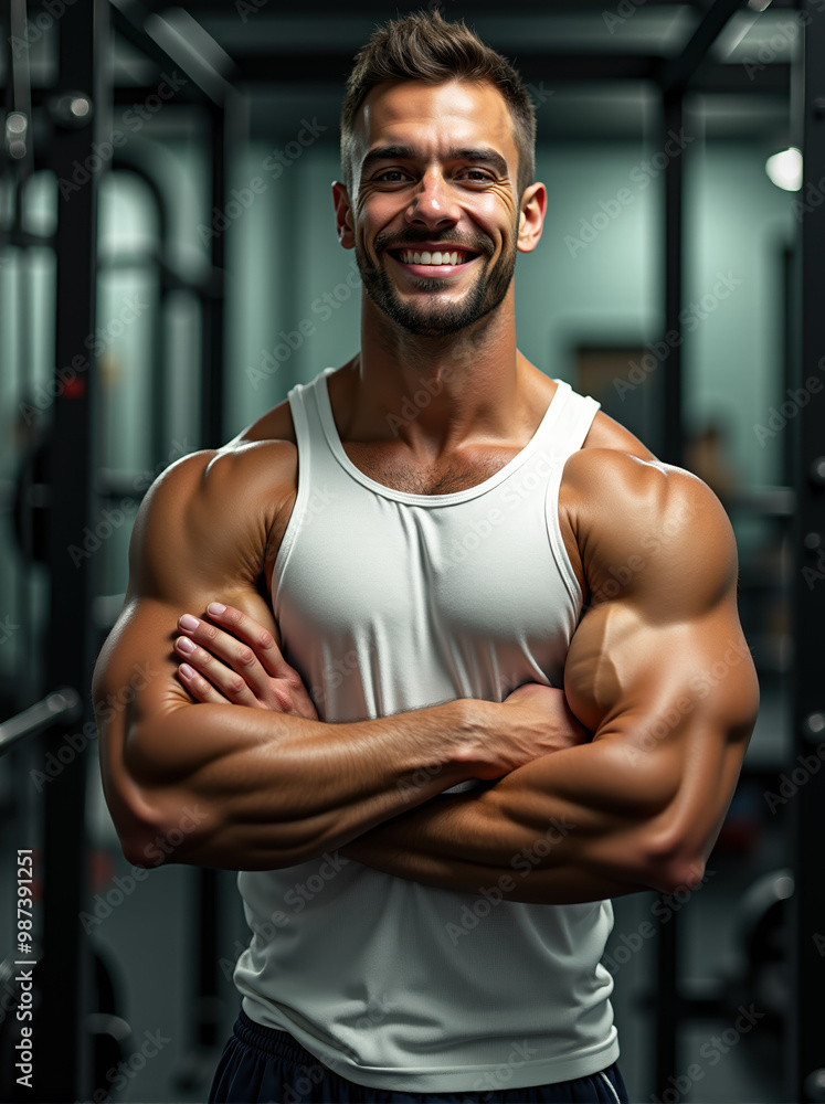 A Stunning Display of Strength and Detail: Muscular Man Posing Confidently in a Gym, showcasing a detailed physique in a white tank top with a blurred background A Stunning Display of Strength and Detail: Muscular Man Posing Confidently in a Gym, showcasing a detailed physique in a white tank top with a blurred background