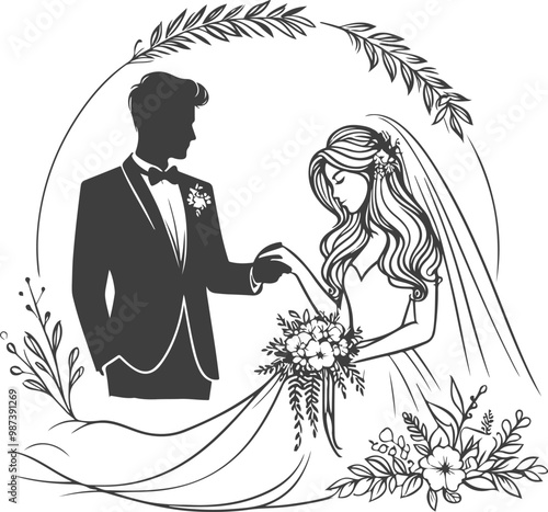 wedding husband wife, romantic couple, and Kissing couple silhouette vector design.