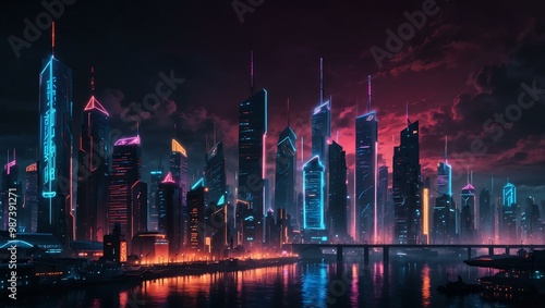 Futuristic cityscape with neon lights in cyberpunk style.