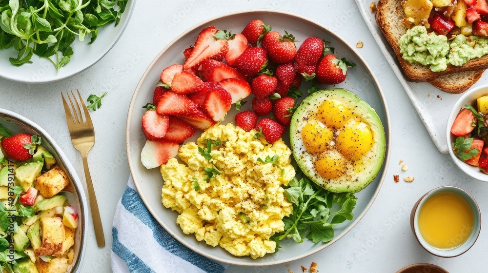 A colorful brunch spread featuring scrambled eggs, avocado toast, and a side of fresh fruit, creating a visually appealing and nutritious meal. A colorful brunch spread featuring scrambled eggs, avocado toast, and a side of fresh fruit, creating a visually appealing and nutritious meal.