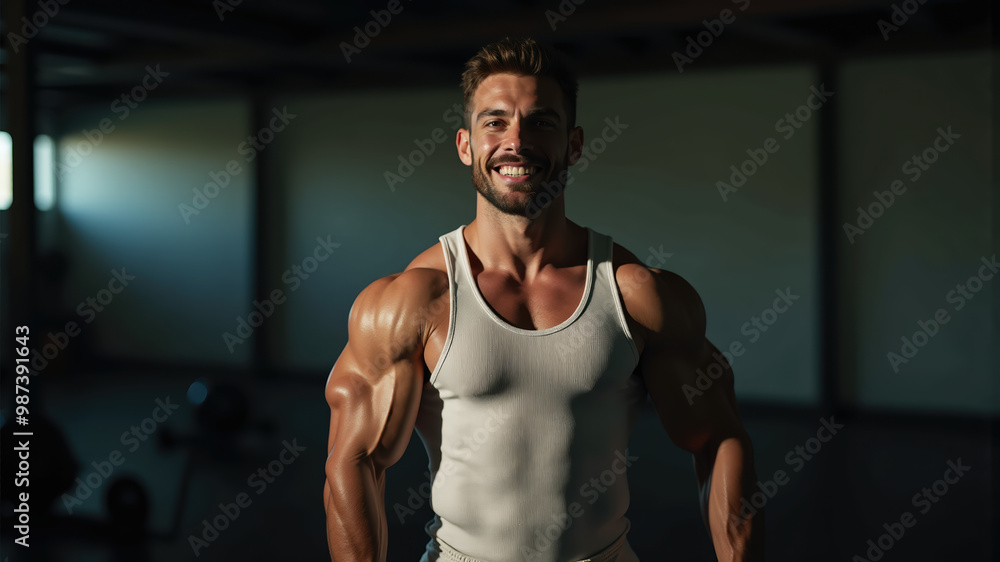 A Stunning Display of Strength and Detail: Muscular Man Posing Confidently in a Gym, showcasing a detailed physique in a white tank top with a blurred background A Stunning Display of Strength and Detail: Muscular Man Posing Confidently in a Gym, showcasing a detailed physique in a white tank top with a blurred background