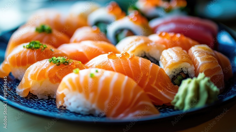 A colorful sushi platter featuring salmon nigiri and sashimi, artfully arranged with wasabi and pickled ginger, highlighting the elegance of Japanese cuisine. A colorful sushi platter featuring salmon nigiri and sashimi, artfully arranged with wasabi and pickled ginger, highlighting the elegance of Japanese cuisine.