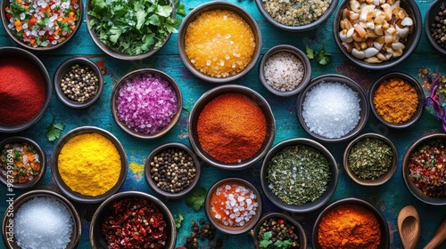 A colorful array of dishes from around the world, with salt being a key ingredient in each, illustrating the universal importance of seasoning in cuisine.