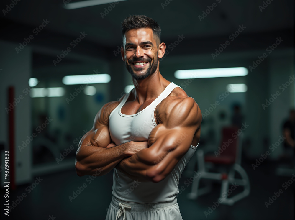 A Stunning Display of Strength and Detail: Muscular Man Posing Confidently in a Gym, showcasing a detailed physique in a white tank top with a blurred background A Stunning Display of Strength and Detail: Muscular Man Posing Confidently in a Gym, showcasing a detailed physique in a white tank top with a blurred background