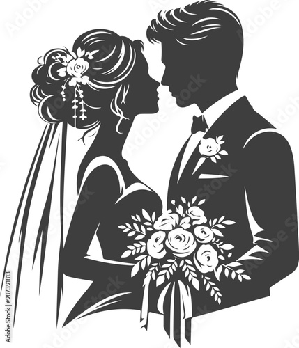 wedding husband wife, romantic couple, and Kissing couple silhouette vector design