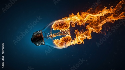 Light bulb breaking apart in flames on a vibrant blue background.