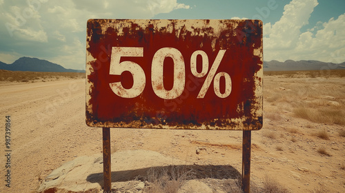 Weathered 50% Sign in Desert Landscape