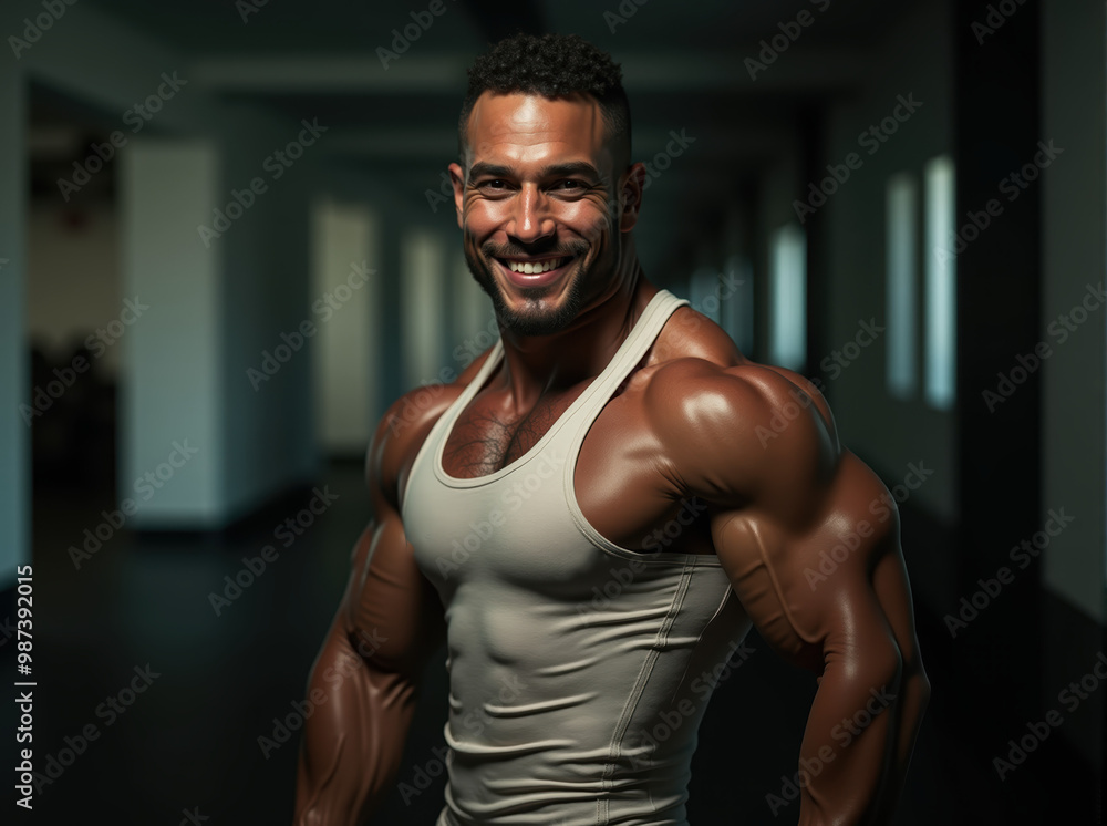 Fototapeta premium A Stunning Display of Strength and Detail: Muscular Man Posing Confidently in a Gym, showcasing a detailed physique in a white tank top with a blurred background