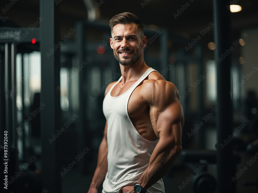 A Stunning Display of Strength and Detail: Muscular Man Posing Confidently in a Gym, showcasing a detailed physique in a white tank top with a blurred background A Stunning Display of Strength and Detail: Muscular Man Posing Confidently in a Gym, showcasing a detailed physique in a white tank top with a blurred background
