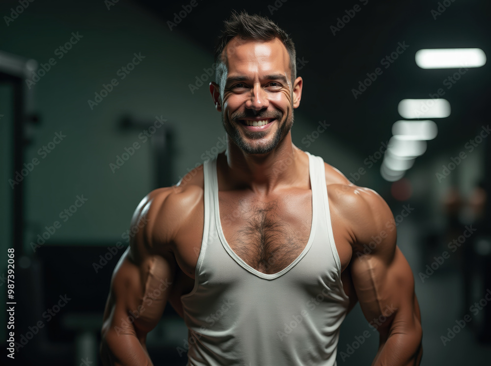 Fototapeta premium A Stunning Display of Strength and Detail: Muscular Man Posing Confidently in a Gym, showcasing a detailed physique in a white tank top with a blurred background