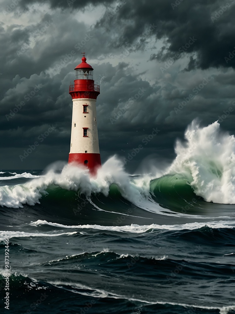Lighthouse standing tall against a stormy sea with crashing waves. Lighthouse standing tall against a stormy sea with crashing waves.
