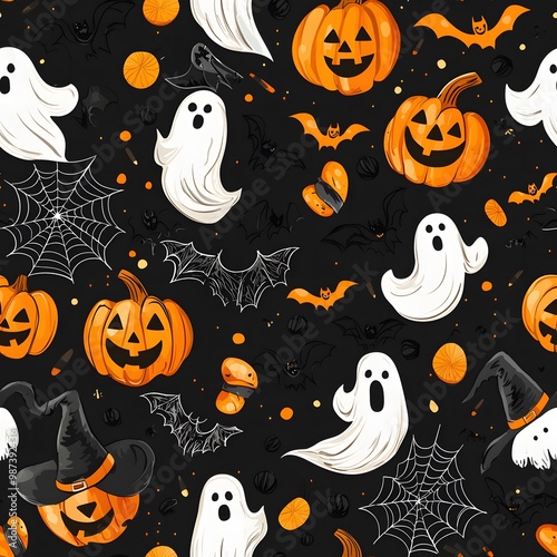 A fun, spooky Halloween-themed seamless pattern with pumpkins and ghosts