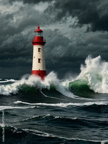 Lighthouse standing tall against a stormy sea with crashing waves.