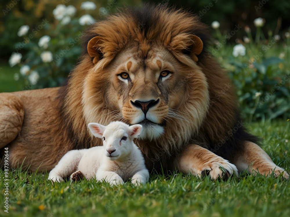 Lion peacefully lying beside a gentle lamb in a lush garden. Lion peacefully lying beside a gentle lamb in a lush garden.