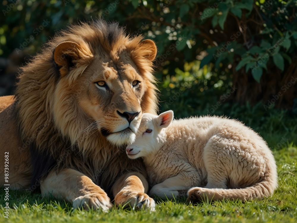 Lion peacefully lying beside a gentle lamb in a lush garden. Lion peacefully lying beside a gentle lamb in a lush garden.