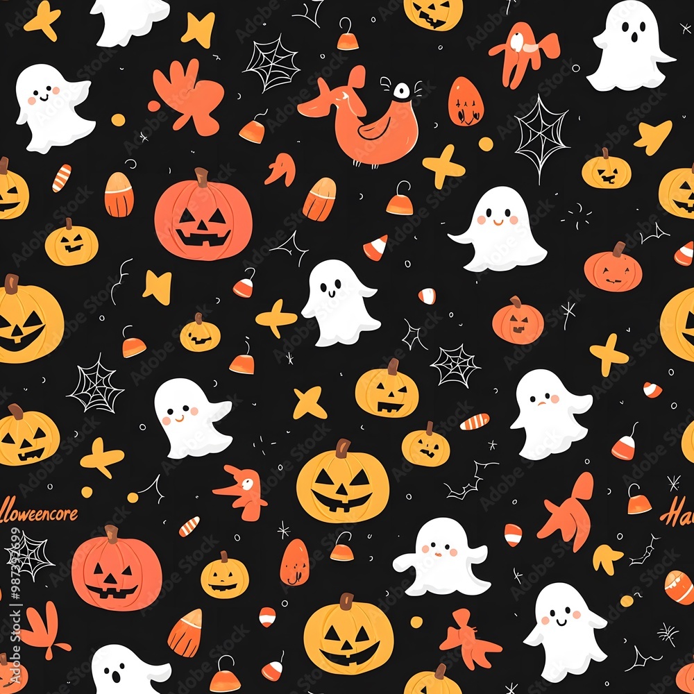 A fun, spooky Halloween-themed seamless pattern with pumpkins and ghosts A fun, spooky Halloween-themed seamless pattern with pumpkins and ghosts