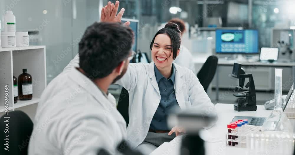 Woman, man and scientist with high five in lab, smile and collaboration at pharma company. People, partner and excited for innovation, research or cheers with teamwork for medicine, drugs or vaccine Woman, man and scientist with high five in lab, smile and collaboration at pharma company. People, partner and excited for innovation, research or cheers with teamwork for medicine, drugs or vaccine