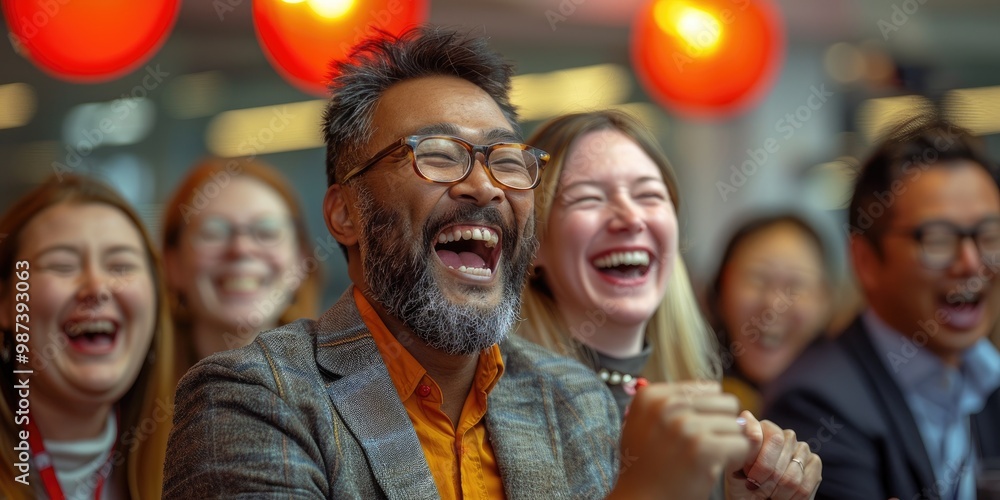 A joyful group of people laughing together in a vibrant setting. A joyful group of people laughing together in a vibrant setting.