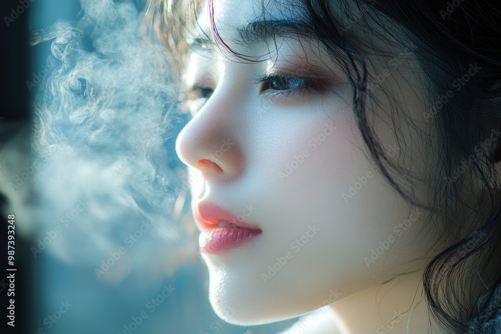 Fototapeta premium Beautiful young woman exhaling smoke with serious expression