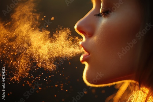 Woman exhaling golden glitter at sunset time