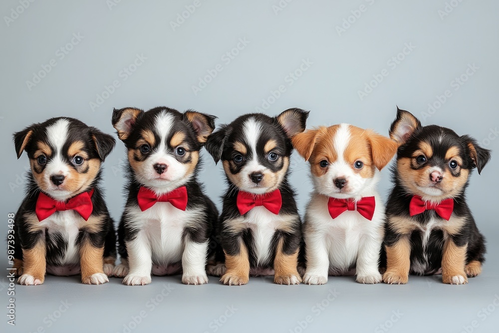 Five adorable puppies wearing red bow ties posing for adoption Five adorable puppies wearing red bow ties posing for adoption
