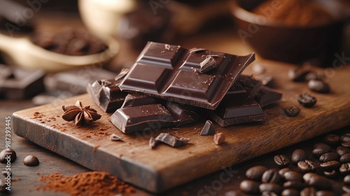 A creative shot of dark chocolate pieces melting on a wooden board, surrounded by coffee beans and spices, emphasizing the rich flavors of chocolate.