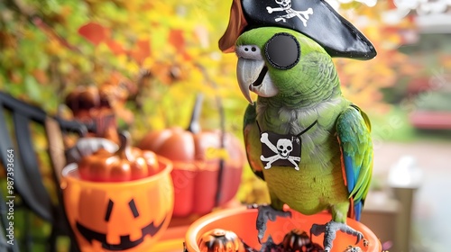 Colorful parrot wearing a stylish pirate hat and eye patch perched on an ornate Halloween themed The bird s captivating costume adds a touch of fantasy and playfulness to the scene photo