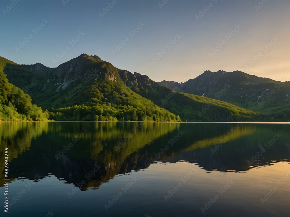 Lush green mountains reflect in a serene lake under a clear blue sky at sunset. Lush green mountains reflect in a serene lake under a clear blue sky at sunset.