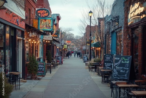 Charming small town main street with restaurants and shops