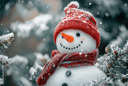 Smiling snowman wearing knitted hat and scarf surrounded by pine branches and red berries