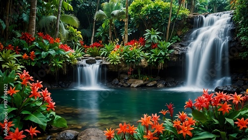Lush tropical waterfall surrounded by vivid flowers.