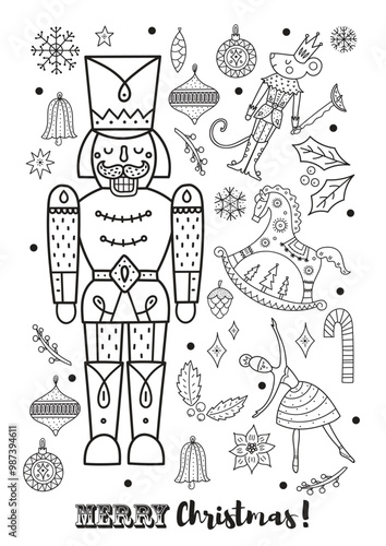Christmas coloring page with cute nutcracker character.  Cute Christmas vector poster.