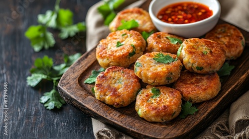 Savory Thai Fish Cakes Served on Wooden Platter with Sweet Chili Sauce, Creating a Rustic Delight on Cloth Background