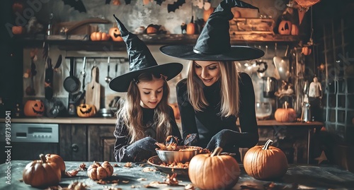 A mother and daughter, dressed as witches and cooked together for halloween party