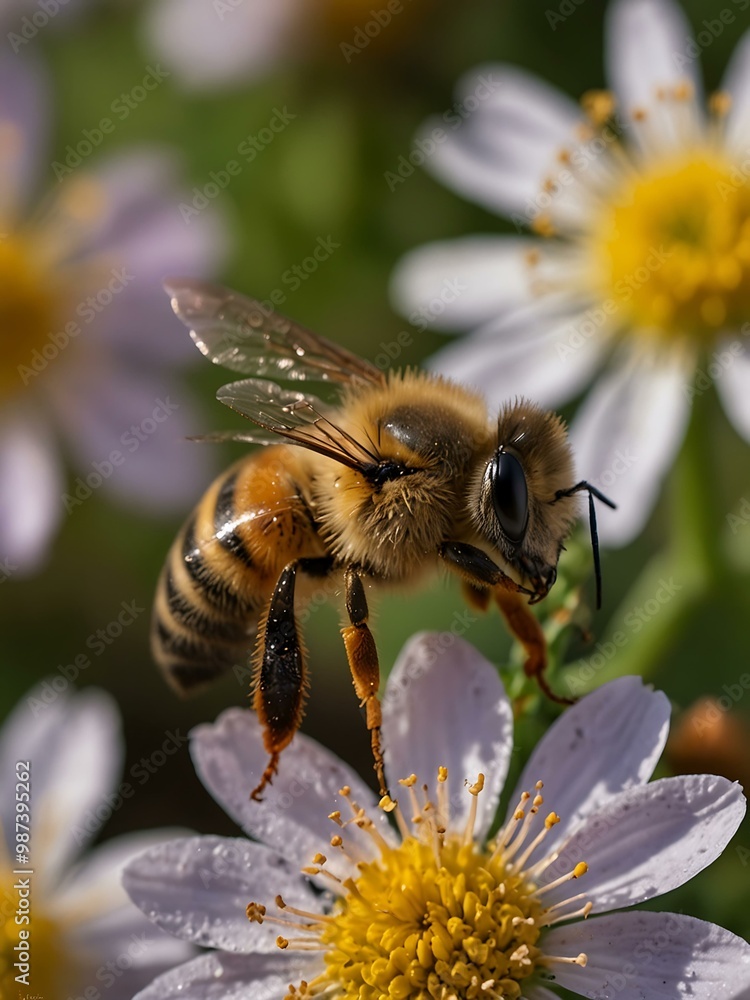 Macro shot of a honeybee covered in pollen against flowers. Macro shot of a honeybee covered in pollen against flowers.