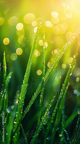 Dewy Grass Blades Glistening in Morning Light
