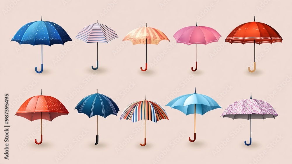 A set of realistic striped umbrellas in various styles and designs. Each umbrella showcases a unique pattern of stripes, ranging from bold to subtle A set of realistic striped umbrellas in various styles and designs. Each umbrella showcases a unique pattern of stripes, ranging from bold to subtle