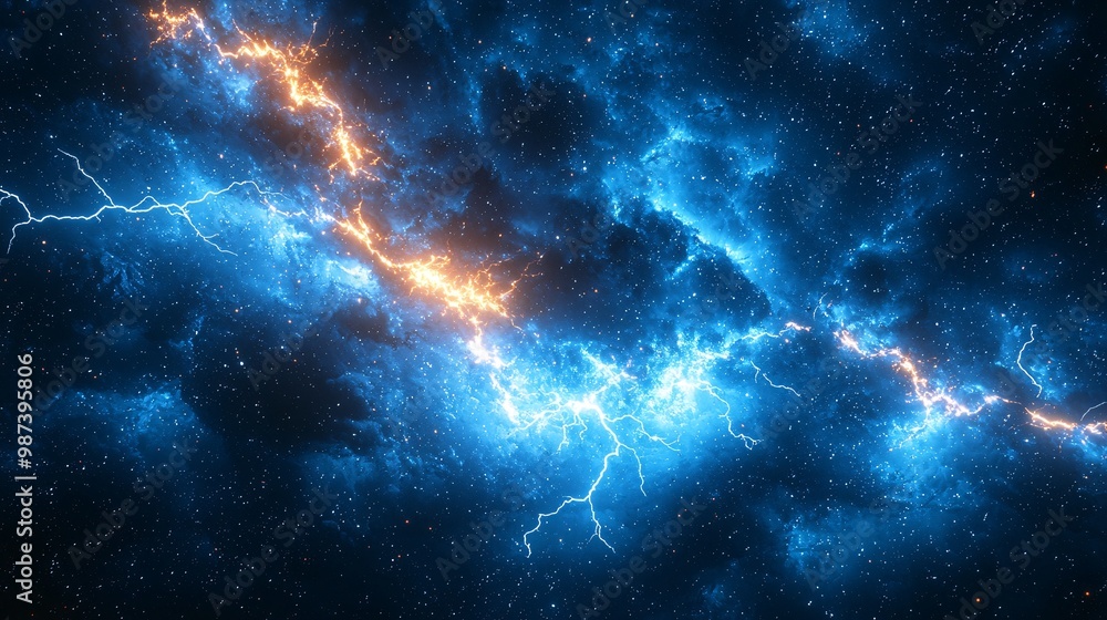 Fototapeta premium Striking Lightning in Dark Blue Sky with Clouds