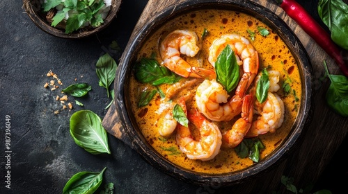 Exotic Thai Prawn Curry with Coconut on a Rustic Table - Vibrant Spices and South Asian Cuisine Delight