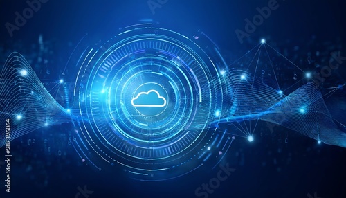 A digital representation of cloud computing, showcasing interconnected data streams and vibrant blue hues, symbolizing technology and innovation.