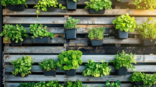 Lush herb wall garden with wooden backdrop.