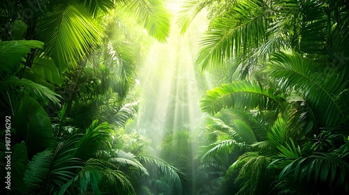 Fototapeta Naklejka Na Ścianę i Meble -  Lush jungle with sun rays filtering through