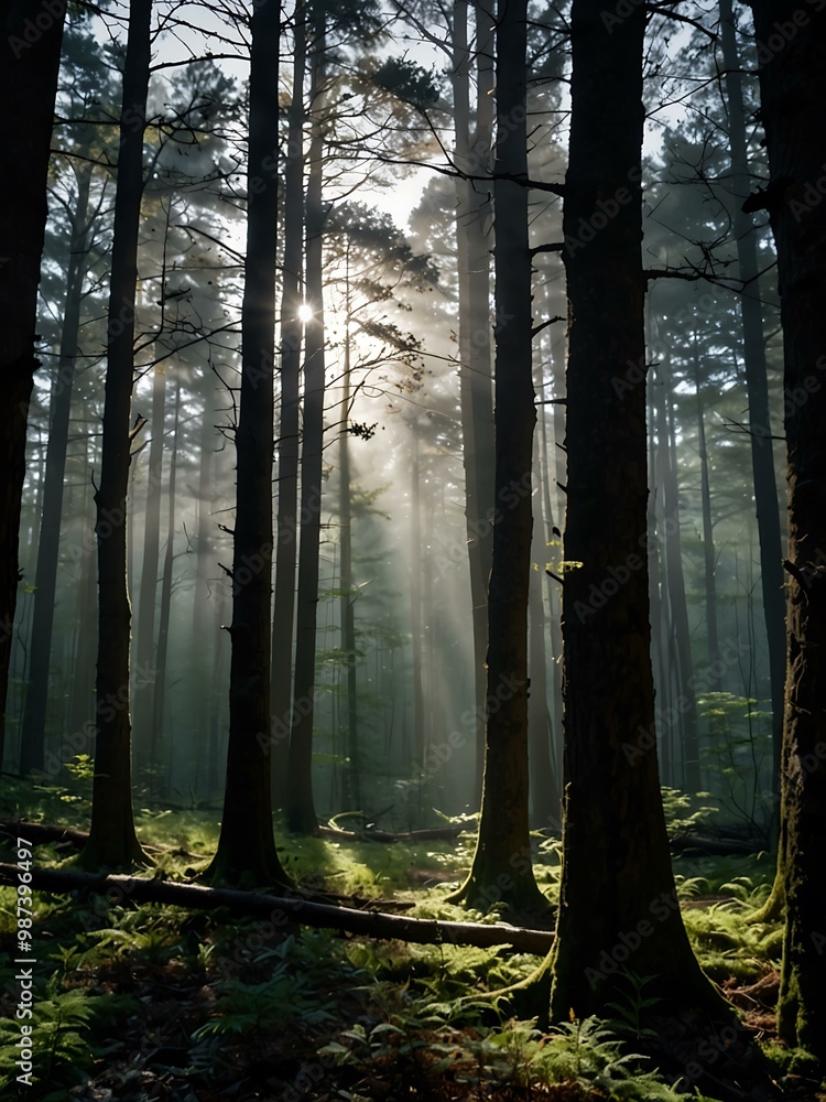 Majestic trees reach skyward, casting shadows on the forest floor. Majestic trees reach skyward, casting shadows on the forest floor.