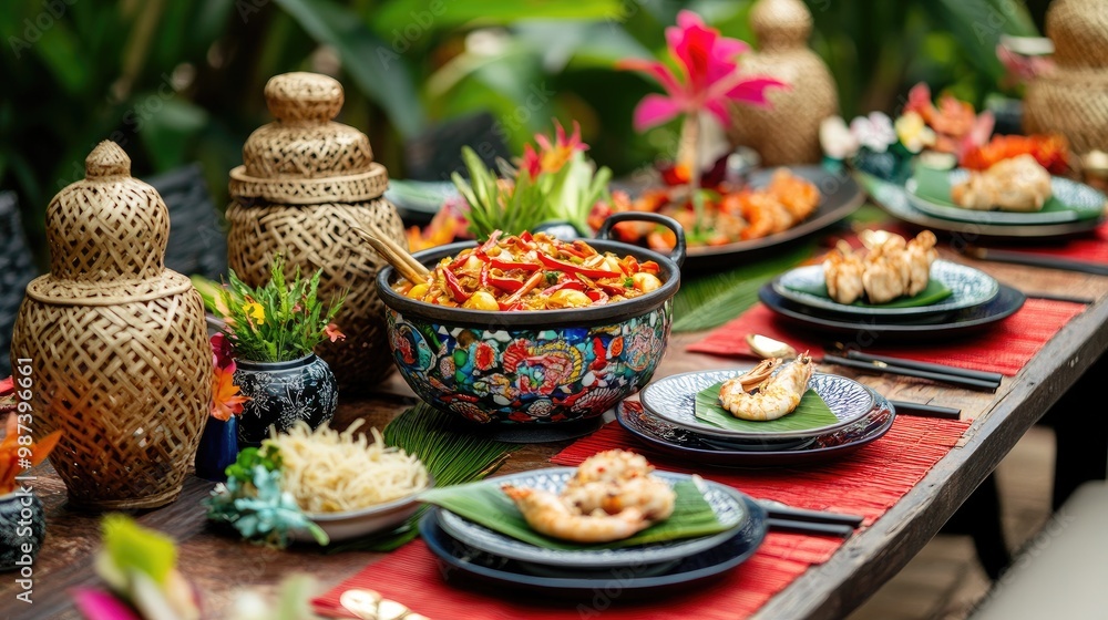 A festive outdoor dining setup featuring tom yum goong as the centerpiece, with colorful dishes and decorations, perfect for a Thai celebration A festive outdoor dining setup featuring tom yum goong as the centerpiece, with colorful dishes and decorations, perfect for a Thai celebration