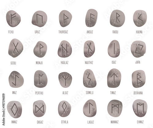 A set of Scandinavian runes for divination. Painted runes on pebbles. Illustration on the theme of esotericism 